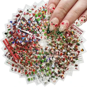 30pcs Christmas Tree Snowman Elk Nail Sticker Shiny Glitter Claus Candy Cane Nail Decals Cartoon Winter Manicure Slider