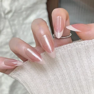 30pcs French Press Ons Almond shaped Naked Powder Gradient Flash Full Cover Press on Nails Manufacturer with Tool Kit