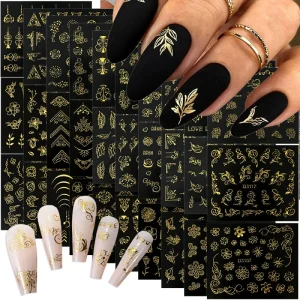 30pcs Mixed Bronzing Gold Nail Art Stickers 3D Gold Flower Irregular Lines Nail Decal Self-Adhesive Manicure Decoration Slider