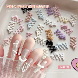 30pcs bag Soft Carving Cross Tie Bow Resin Nail Charms Bulk 3D French Ballet Shoelaces Black White Pink Bows Nail Decorations