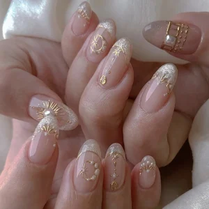 3650 Elegant Pink French Gold and Pearl Celestial Design Short Almond False Nail Press on Nail Artificial Fingernails Customize