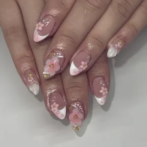 3D 3860 3D Summer Flowers Short Almond Nails Press on Nails Artificial Fingernails Customize False Nails