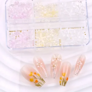 3D 6 Grids Flower Nail Art Decoration Ice Yellow Pink White Resin Flower with Beads
