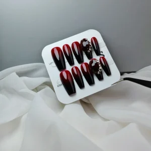 3D Art Hand Made Acrylic Artificial Long Coffin Designed Custom False Press on Nails Wine Red Diamond Press on Nails