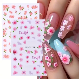 3D Blossoming Flower Pink Lavender Flower Butterfly Nail Art Stickers Spring Design Flowers Manicure Nail Decals DIY Manicure
