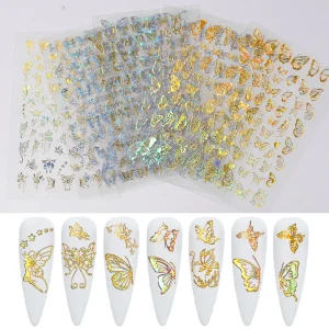 3D Butterfly Nail Stickers Gold Bronzing Laser Safe Material Self-Adhesive Nail Art Decals Custom Brand