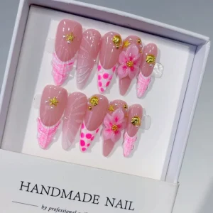 3D Carved French Style Almond False Nails High End Purely Handmade Wearable Nail Tips Press On Nails