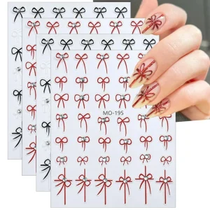 3D Crystal Diamond Bow Nail Stickers Bowknot Nail Art Stickers Black Red Decals Shiny Rhinestones Eco Friendly Easy Apply Decor