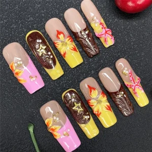 3D Exquisite Decoration Nail Art Fashion Acrylic Embossed Hand Paint Artificial Fingernails Luxury 10PCS Glossy Manual Gel Nails