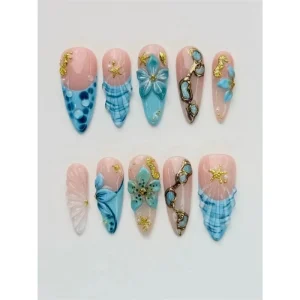 3D Floral Cat Eye Press Nails Summer Blue Ocean Shells Long Stiletto False Nails Acrylic Full Cover Design Finger Nails