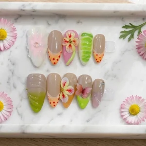 3D Floral Heart Shell Press on Nails Rhinestone Ombre ABS Square Long Tips Pink Black Purple Handmade False Nails