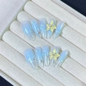 3D Flower Handmade Acrylic Nails Almond Square Cat Eye Press on Nail Luxury False Nails 10Pcs Artificial Fingernails