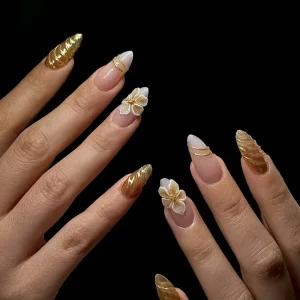 3D Flower Pink Almond French Style Handmade Acrylic Fingernails False Nails Designer Press on Nails