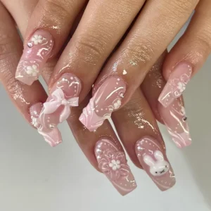 3D French Style Press on False Nails with Cute Rabbit Bow Design Wearable Finger Nails