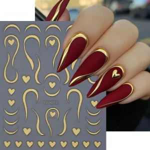 3D Gold Silver French Lines Love Heart Nail Art Stickers Valentine’s Day Nail Decals Adhesive Slider Manicure Decorations
