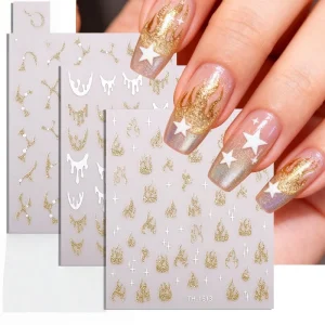 3D Gold Stamping Nail Art Stickers French Stripe Nail Stickers Self Adhesive Decals Sliders for Nails DIY Manicure Decoration