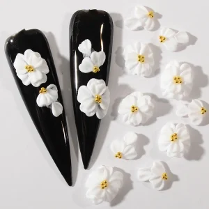 3D Hand Carved Resin Flower Nail Art Decorations White Floral Designs for Nail Salons