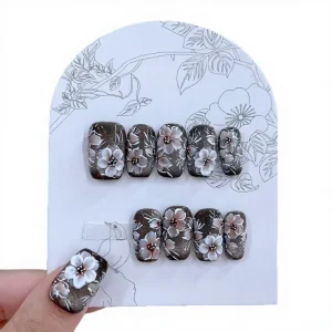 3D Handmade Flowers Color New Square Design French Almond Press-on Nails Full Cover Acrylic False Nails
