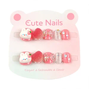3D Heart Bow Kids Press on Nails 10 PCS Inlaid Cartoon False Nails for Children Shiny Rhinestone Nail Art Set for Little Girls