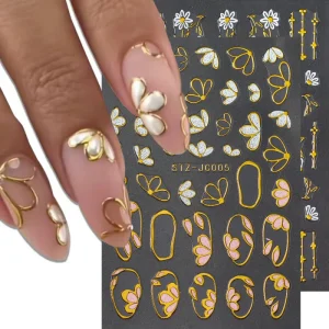 3D Hollowed-out Metallic Gold Line Pink Floral Petals Sakura Nail Art Decals DIY Manicure Decoration Nail Stickers