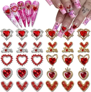 3D Kawaii Nail Charms Valentine Alloy Heart Love Red Diamond Nail Rhinestone Valentines Day Gift
