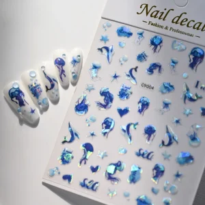 3D Laser Fairy Blue Jellyfish Dolphins Nail Stickers Summer Ocean Starfish Shell Nail Decals Holographic Dreamy Mermaid Sliders