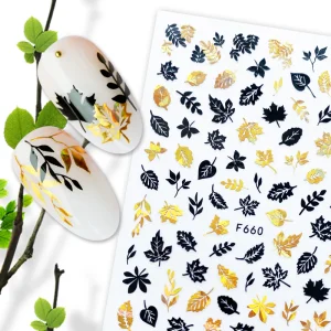 3D Laser Gold Autumn Self Adhesive Flower Coconut Tree Leaf Nail Stickers Decal Manicure Nail Foil Wraps