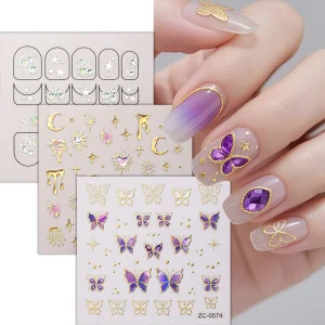 3D Laser Gold Foil Stamping Imitation Diamonds Gloss Stars Moon Butterfly Nail Art Decoration Stickers Nail Rhinestone Decals