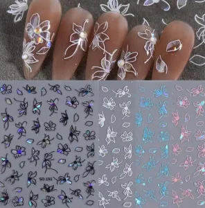 3D Laser Simple Nail Stickers Pink White Line Butterfly Flower Charms Nail Decals Adhesive Manicure Decoration Summer Supplies