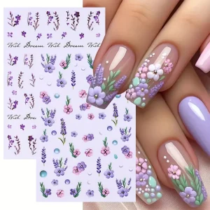 3D Lavender Flower & Butterfly Nail Art Stickers Spring Design Flowers Manicure Nail Decals DIY Blossoming Flower Manicure