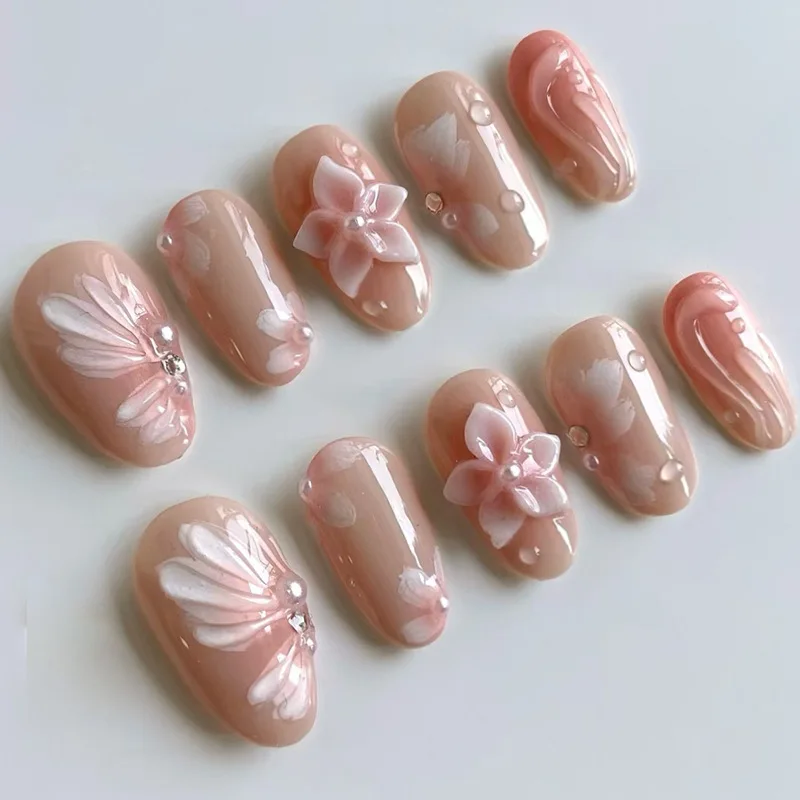 3D Lily Ice Flower Bubble Pearl Gradient Pearlized Elegant European and American INS Style Removable Nail Tips 30 Pieces