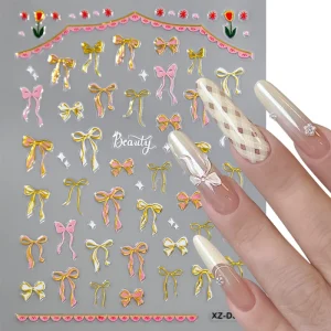 3D Metallic Gold Bowtie Nail Art Stickers 8*10cm Pink/Black/Red Bow Nail Decal Self-Adhesive Cute Bowknot Nail Decorations