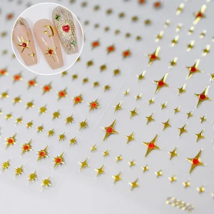 3D Metallic Gold Heart Bowtie Nail Sticker 8*10cm Diamond Effect Y2K Cross Heart Star Nail Decals Adhesive Nail Sliders