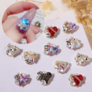 3D Nail Art Decorations Love Heart Ornaments Rhinestone Pearl Chain Metal Nail Jewelry for Women Girls DIY
