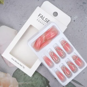 3D Nail Art French Acrylic Full Cover False Nail with Glue Artificial Press on Nails Tips with Rhinestones Decoration