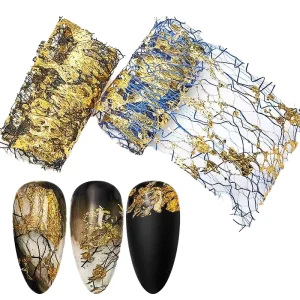 3D Nail Art Sticker Metallic Sequin Foil Tape in Gold and Silver Nail Decor with Net Line Design