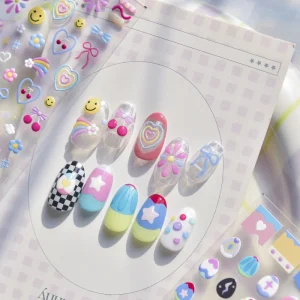 3D Pastel Kawaii Style Nail Decals Self Adhesive Waterproof PVC Stickers UV Gel Compatibility DIY Friendly for Private