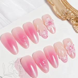 3D Pink Press on Nails Almond Medium French Tip Fake Nails with Embossed Flower Cheek Blush Reusable False Nails with Glue Tabs
