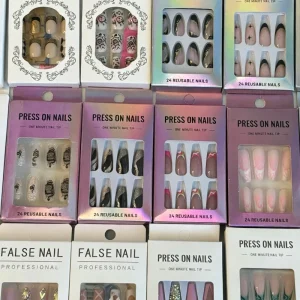 3D Press on Nails High Quality Medium Coffin Thick French Tip Nails Manicure Acrylic Stick on Nails with Kit