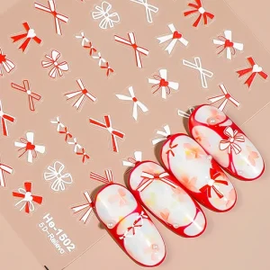 3D Red Ballet Bow Nail Stickers Minimal Raised Ribbon Decals for Elegant Layered Manicure Designs