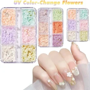 3D Resin Flower UV Color-Change Nail Charm Mixed Steel Beads Flower DIY Jewelry Nail Art Rhinestone Accessories