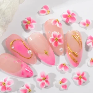 3D Resin Nail Art Decorations 12 Pieces box Hand carved pink Flowers