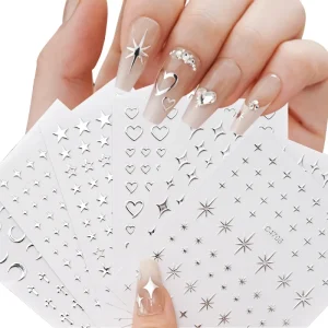3D Silver Moon Stars Love Cross Nail Sticker Hot Gold Holographic Heart Star Slider Gel Polish Decal Sticker Made of Plastic