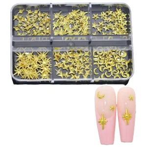 3D Star Moon Theme Gold Nail Art DIY Resin Alloy Metal Rivet Nail Charms Accessories 3pcs 6grid