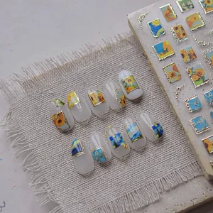 3D Thin Gold Foil Van Gogh Oil Painting Nail Stickers Sunflower Starry Sky Vintage Frame Nail Decals DIY Manicure Nail