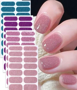 3D Waterproof Heart Shape Nail Full Wraps Polish Strips Pink Glitter Self-Adhesive Nail Stickers
