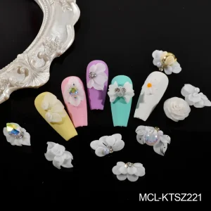 3D White Resin Flower Nail Charms with Pearl and Gold Bead Transparent Acrylic Nail Art Decorations for DIY Manicure