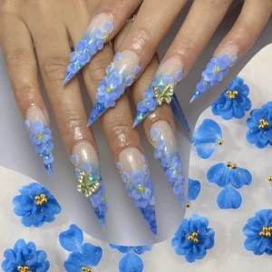 3D hand-carved resin flower DIY rhinestone blue nail art accessories