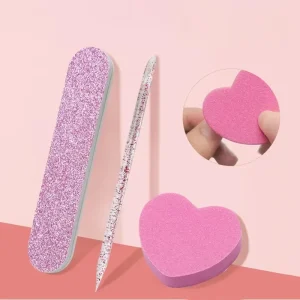 3pcs Manicure Tool Set Crystal Dotting Pen Heart shaped Block and Wooden File for Polishing and Shaping Nail Care Accessories