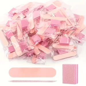 3pcs Mini Pink Disposable Manicure Tool Set with Double Side Crystal Cuticle Stick Nail Buffer Straight Emery Nail Files